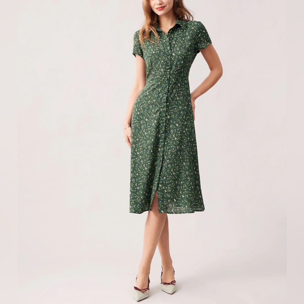 Rihoas Green Lapel Button Up Floral Midi Dress